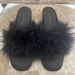 Daniel Green Black Marabou Feather Wedge Slippers Vintage Glamour Slides lady 8
